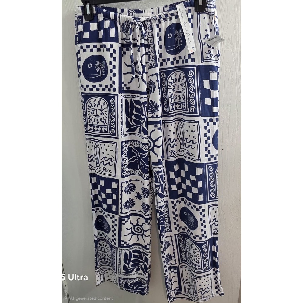 Cali 1850 Drawstring Linen Beach Pants white/blue mediterranean graphic print L